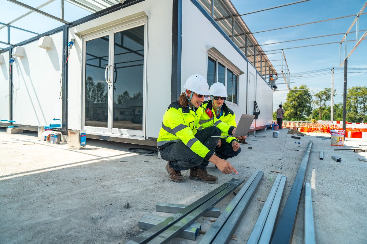 Construction workers reviewing prefab container assembly plans on-site