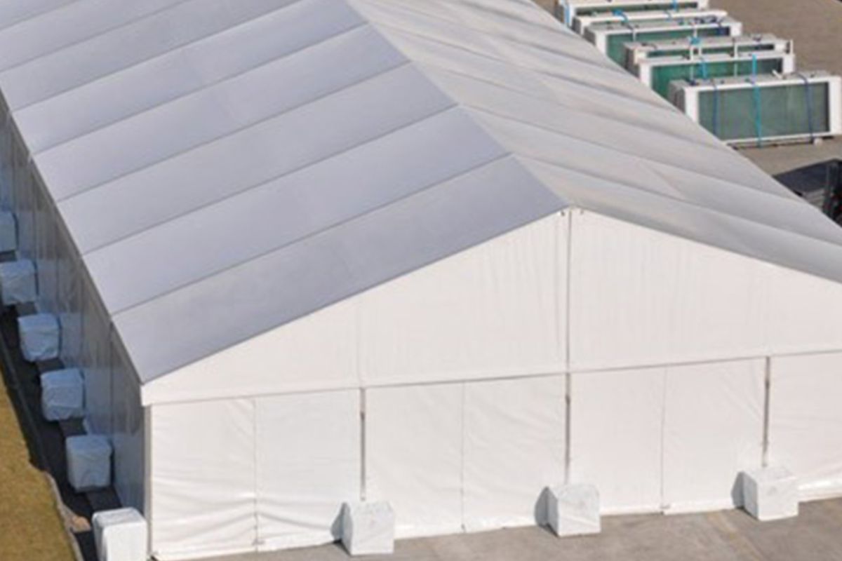 Large emergency tent shelter set up for disaster response
