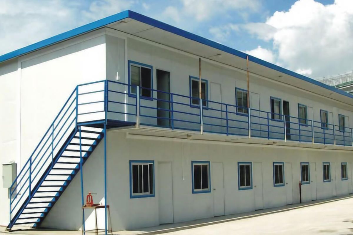 Two-story prefab container site office with exterior stairs