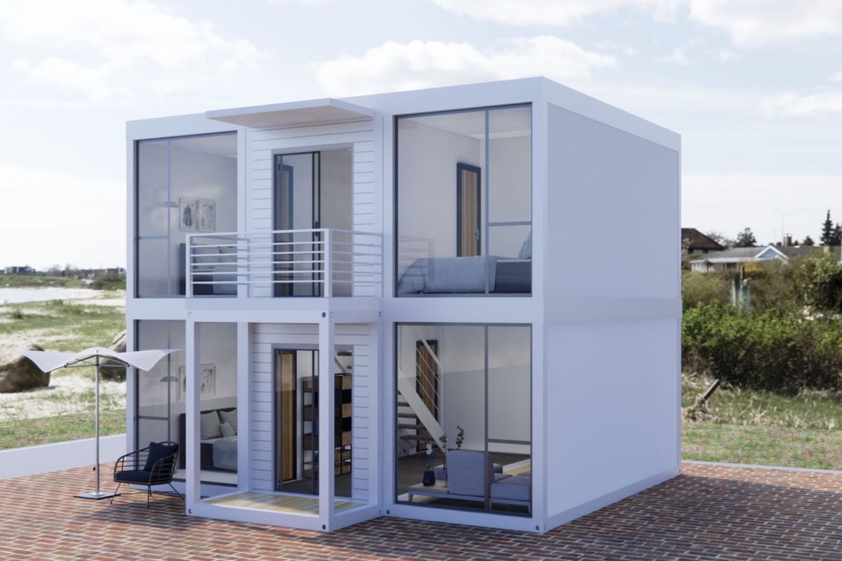 Modern two-story container-based workspace with large glass windows and a clean exterior finish