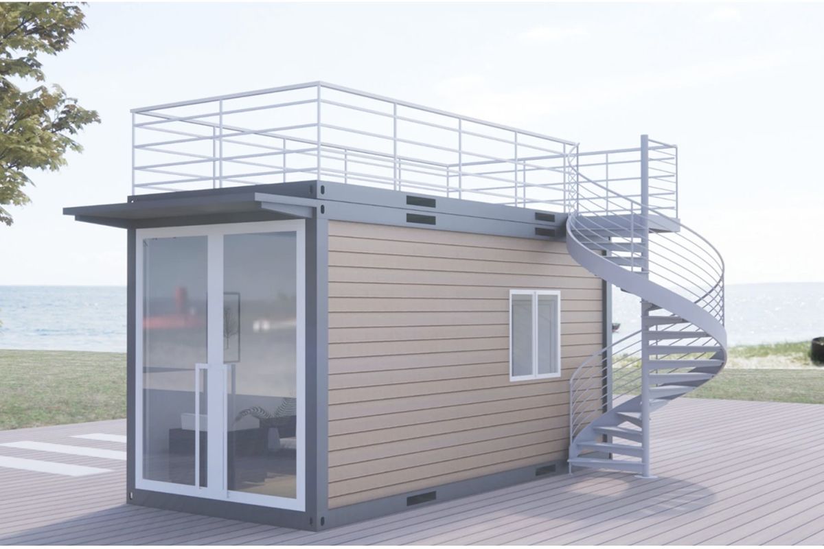 Compact modular office with wood-style exterior panels, glass doors, rooftop deck, and spiral staircase